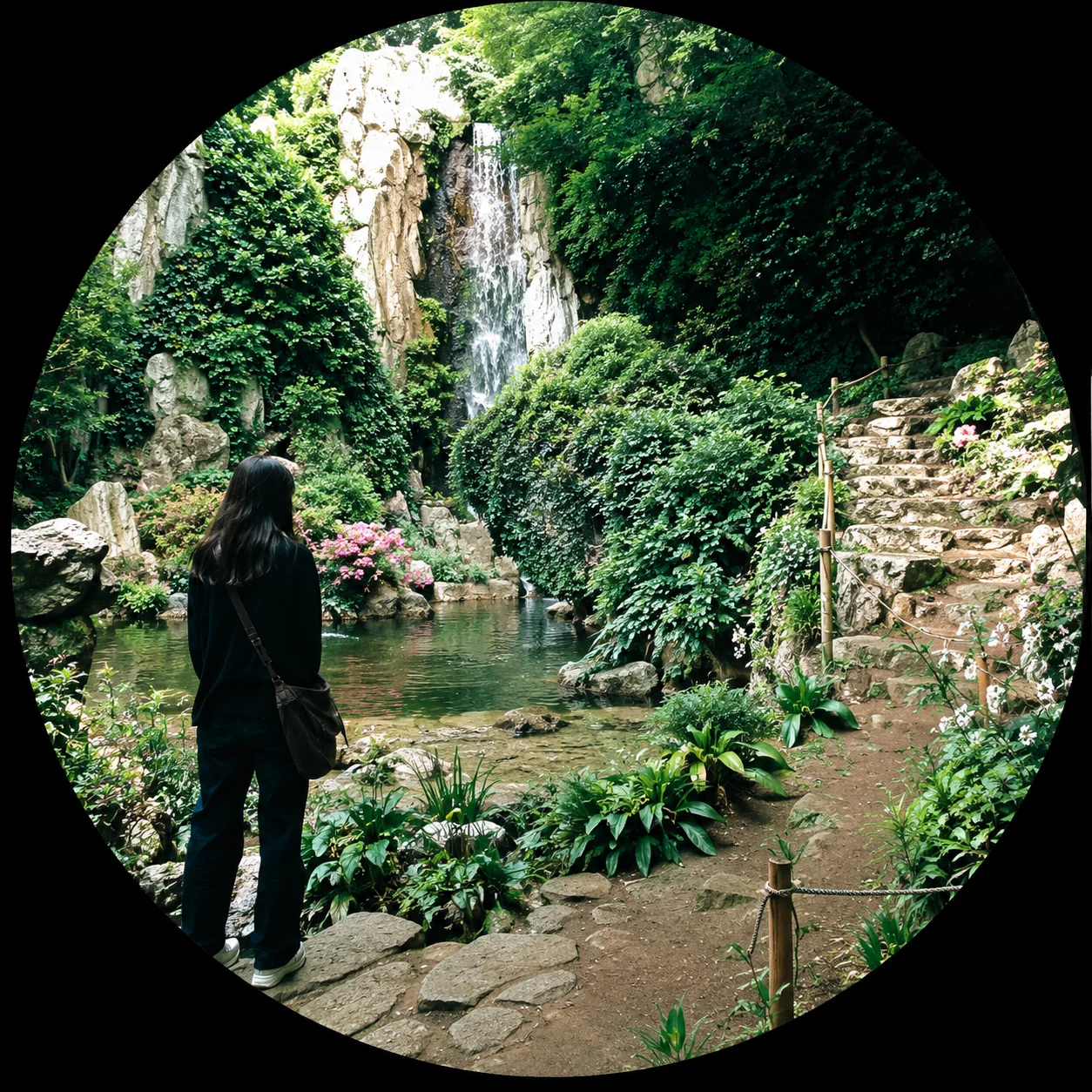 Maria Delgado en un jardín con una cascada